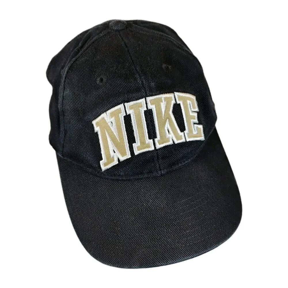 VTG NIKE Large Arched Spell-Out Logo Navy Blue Snapback Hat Ball Cap 80s/90s